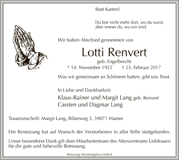 Traueranzeige von Lotti Renvert von MZV
