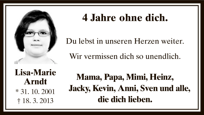  Traueranzeige für Lisa-Marie Arndt vom 18.03.2017 aus MZV