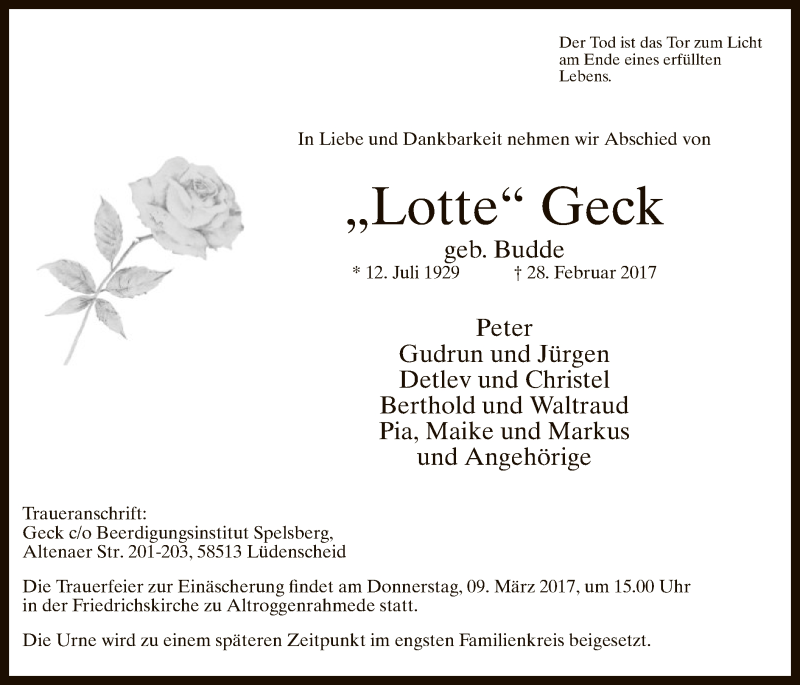  Traueranzeige für Lotte Geck vom 04.03.2017 aus MZV
