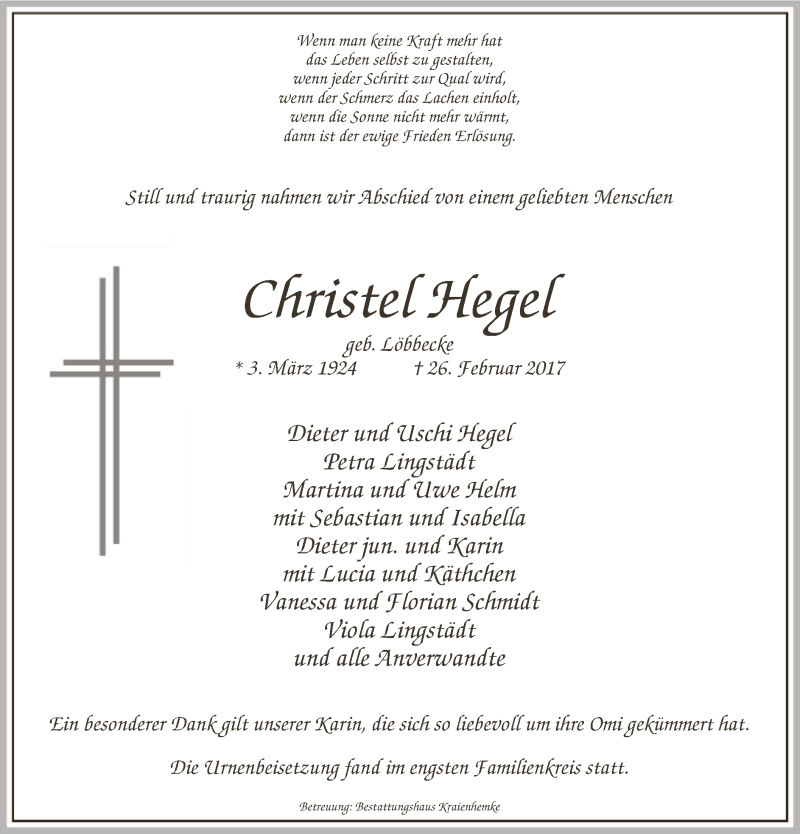  Traueranzeige für Christel Hegel vom 04.03.2017 aus MZV