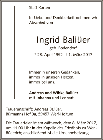 Traueranzeige von Ingrid Ballüer von MZV