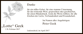 Traueranzeige von Lotte Geck von MZV