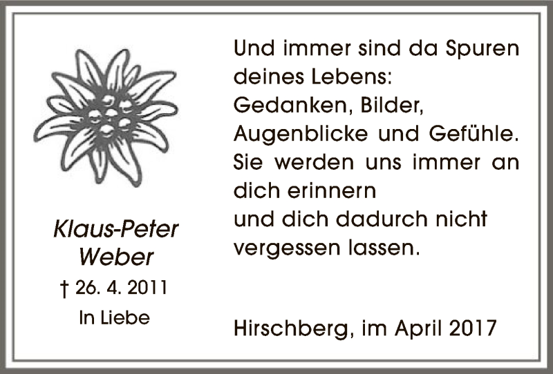  Traueranzeige für Klaus-Peter Weber vom 26.04.2017 aus MZV
