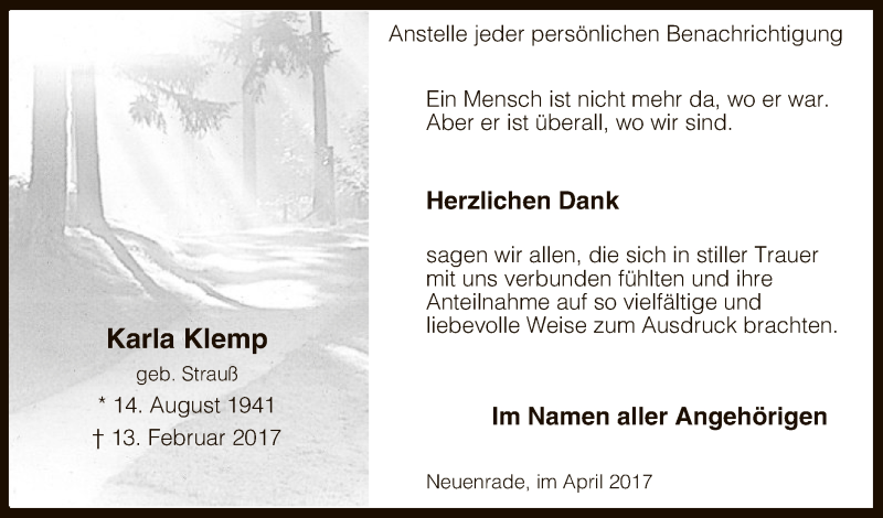  Traueranzeige für Karla Klemp vom 01.04.2017 aus MZV