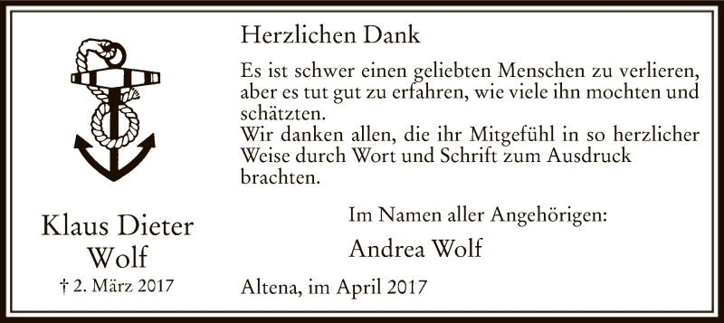  Traueranzeige für Klaus Dieter Wolf vom 08.04.2017 aus MZV
