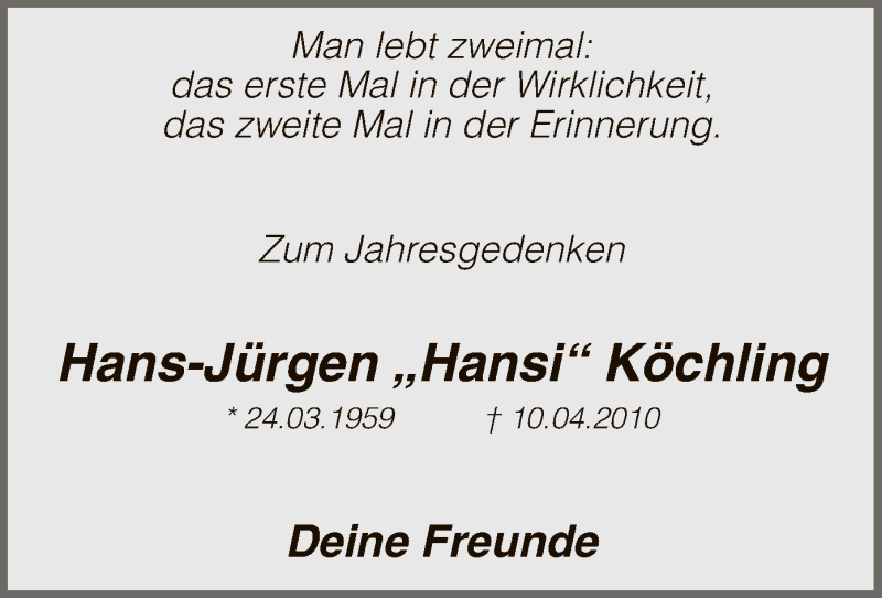  Traueranzeige für Hans-Jürgen Köchling vom 10.04.2017 aus MZV