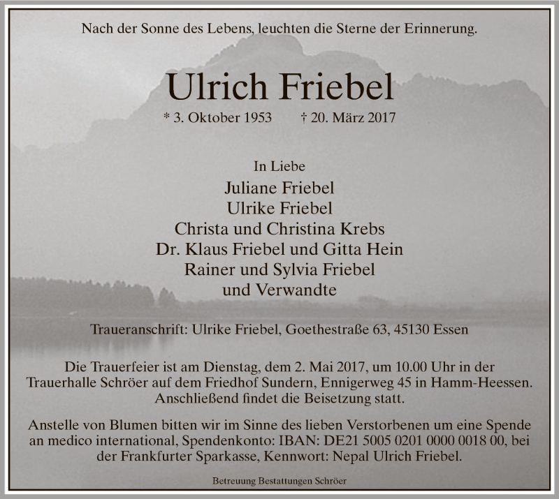  Traueranzeige für Ulrich Friebel vom 22.04.2017 aus MZV
