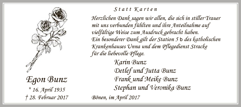  Traueranzeige für Egon Bunz vom 05.04.2017 aus MZV