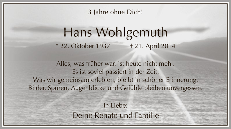  Traueranzeige für Hans Wohlgemuth vom 21.04.2017 aus MZV