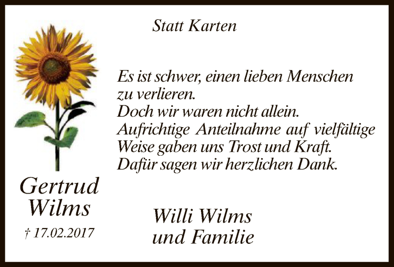  Traueranzeige für Gertrud Wilms vom 08.04.2017 aus MZV