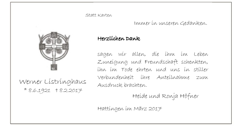  Traueranzeige für Werner Listringhaus vom 01.04.2017 aus MZV
