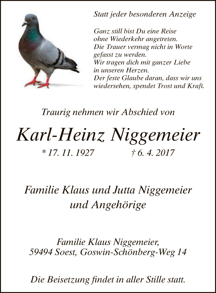  Traueranzeige für Karl-Heinz Niggemeier vom 08.04.2017 aus MZV