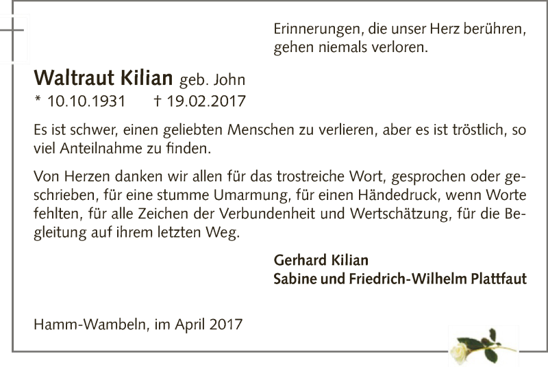  Traueranzeige für Waltraud Kilian vom 06.04.2017 aus MZV