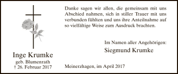 Traueranzeige von Inge Krumke von MZV
