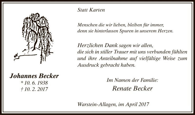  Traueranzeige für Johannes Becker vom 15.04.2017 aus MZV