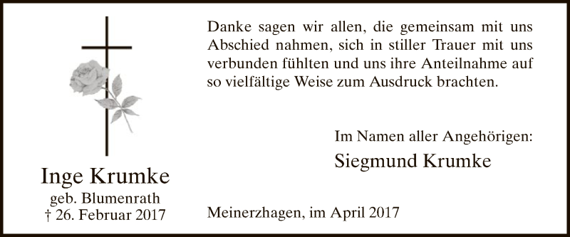  Traueranzeige für Inge Krumke vom 24.04.2017 aus MZV