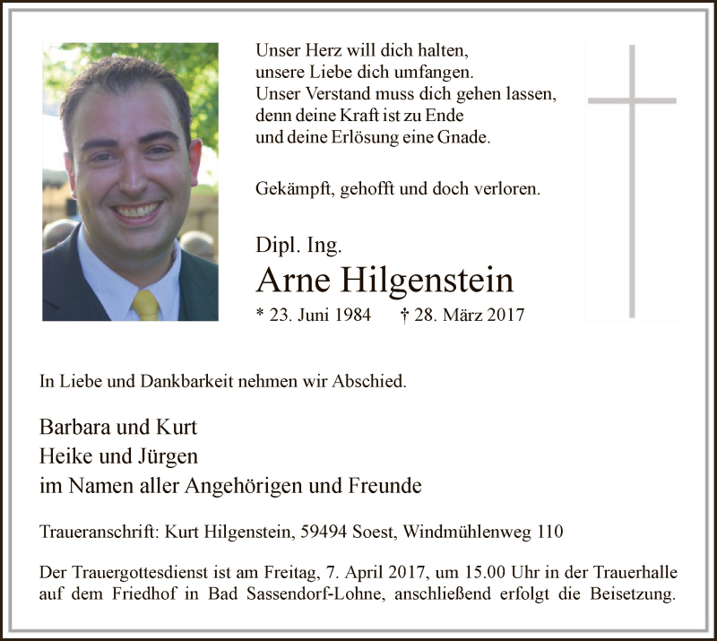  Traueranzeige für Arne Hilgenstein vom 01.04.2017 aus MZV
