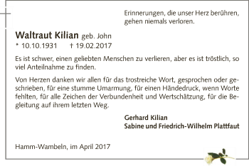 Traueranzeige von Waltraud Kilian von MZV