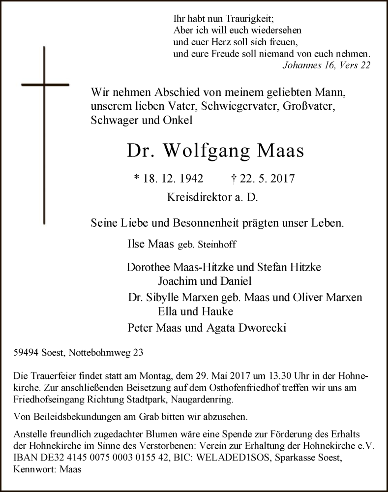 Traueranzeige für Wolfgang Maas vom 25.05.2017 aus MZV