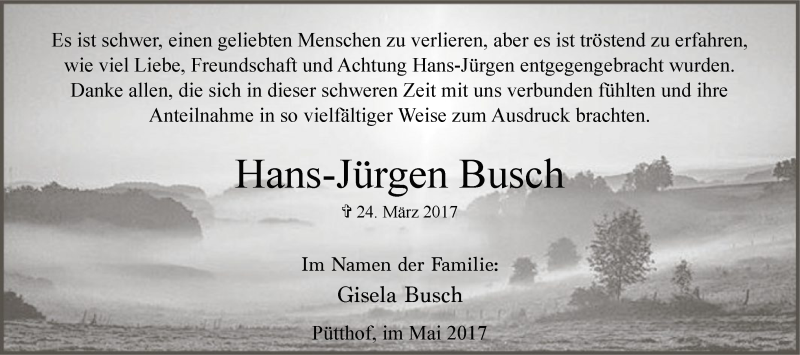  Traueranzeige für Hans-Jürgen Busch vom 13.05.2017 aus MZV