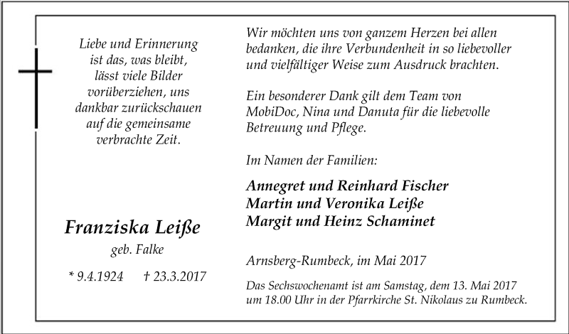  Traueranzeige für Franziska Leiße vom 06.05.2017 aus MZV