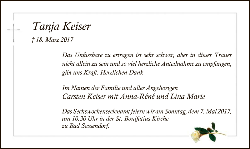  Traueranzeige für Tanja Keiser vom 03.05.2017 aus MZV