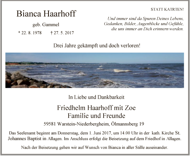  Traueranzeige für Bianca Haarhoff vom 30.05.2017 aus MZV