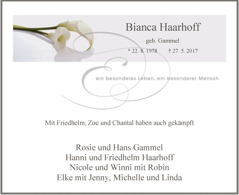  Traueranzeige für Bianca Haarhoff vom 30.05.2017 aus MZV