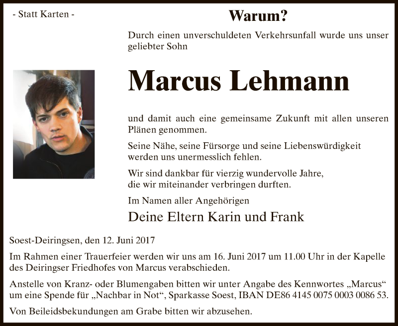  Traueranzeige für Marcus Lehmann vom 13.06.2017 aus MZV