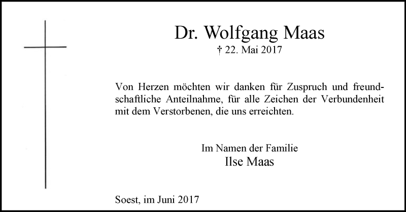  Traueranzeige für Wolfgang Maas vom 24.06.2017 aus MZV