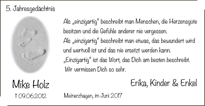  Traueranzeige für Mike Holz vom 09.06.2017 aus MZV