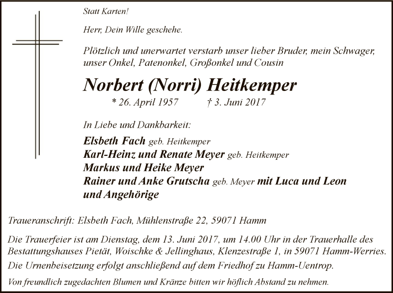  Traueranzeige für Norbert Heitkemper vom 10.06.2017 aus MZV