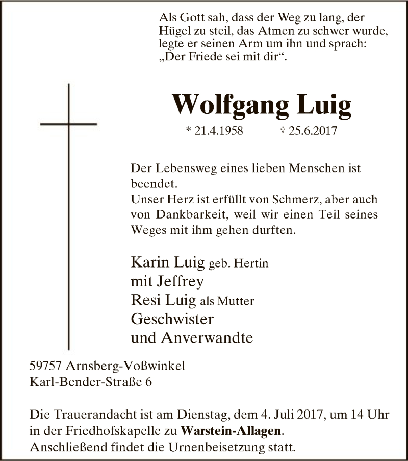  Traueranzeige für Wolfgang Luig vom 28.06.2017 aus MZV