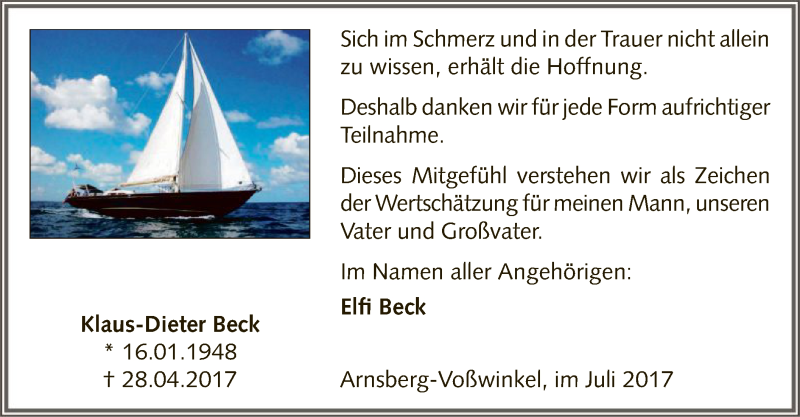  Traueranzeige für Klaus-Dieter Beck vom 22.07.2017 aus MZV