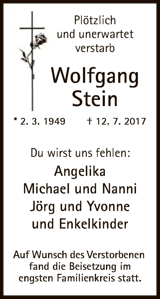  Traueranzeige für Wolfgang Stein vom 22.07.2017 aus MZV