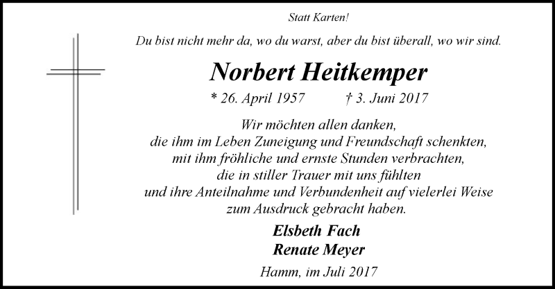  Traueranzeige für Norbert Heitkemper vom 22.07.2017 aus MZV