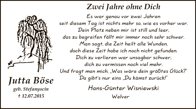  Traueranzeige für Jutta Böse vom 12.07.2017 aus MZV