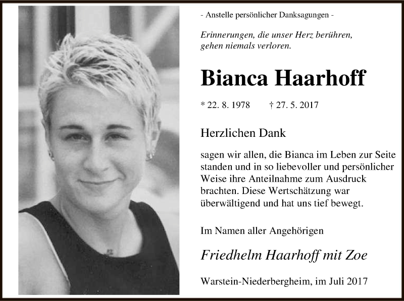  Traueranzeige für Bianca Haarhoff vom 01.07.2017 aus MZV