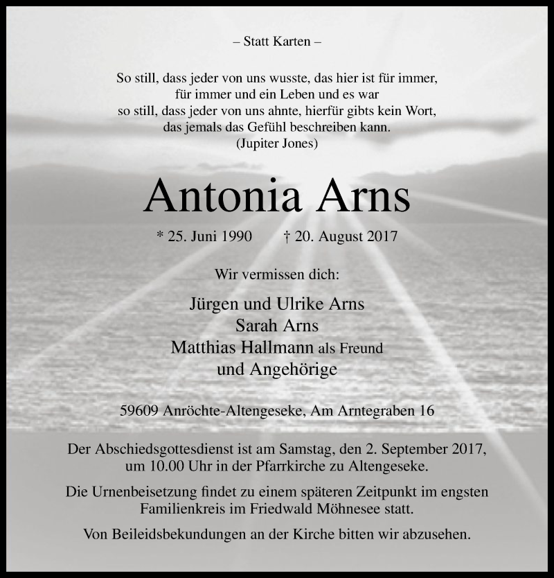  Traueranzeige für Antonia Arns vom 26.08.2017 aus MZV