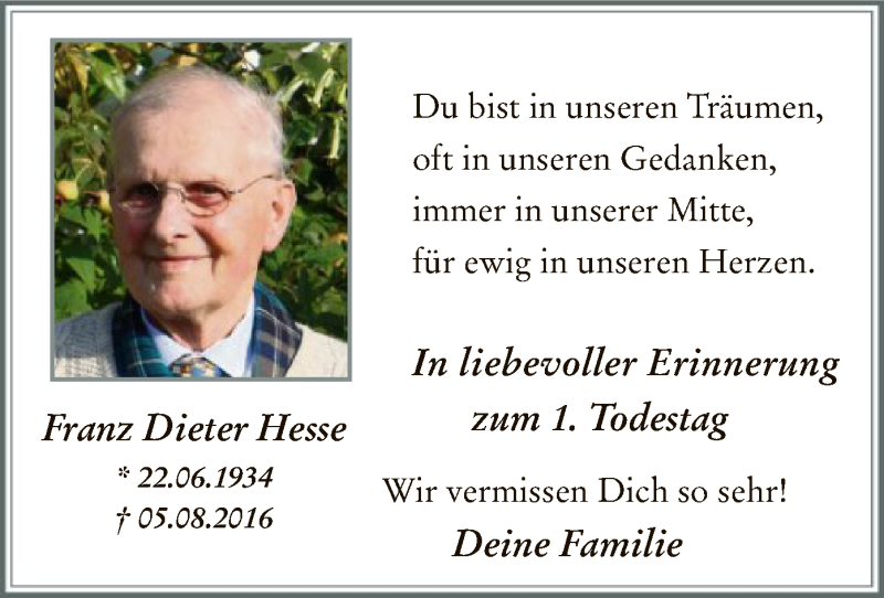  Traueranzeige für Franz Dieter Hesse vom 05.08.2017 aus MZV