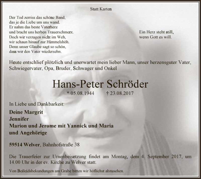  Traueranzeige für Hans-Peter Schröder vom 30.08.2017 aus MZV