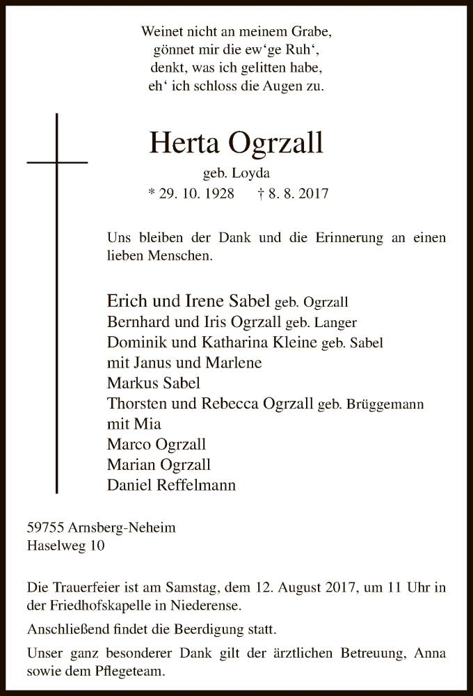  Traueranzeige für Herta Ogrzall vom 10.08.2017 aus MZV