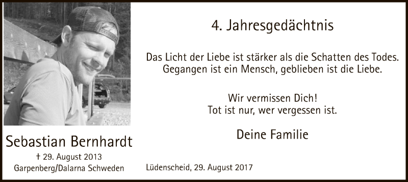  Traueranzeige für Sebastian Bernhardt vom 29.08.2017 aus MZV