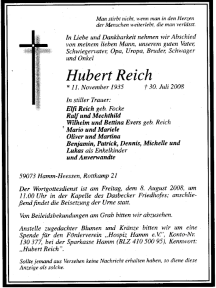  Traueranzeige für Hubert Reich vom 12.08.2017 aus 