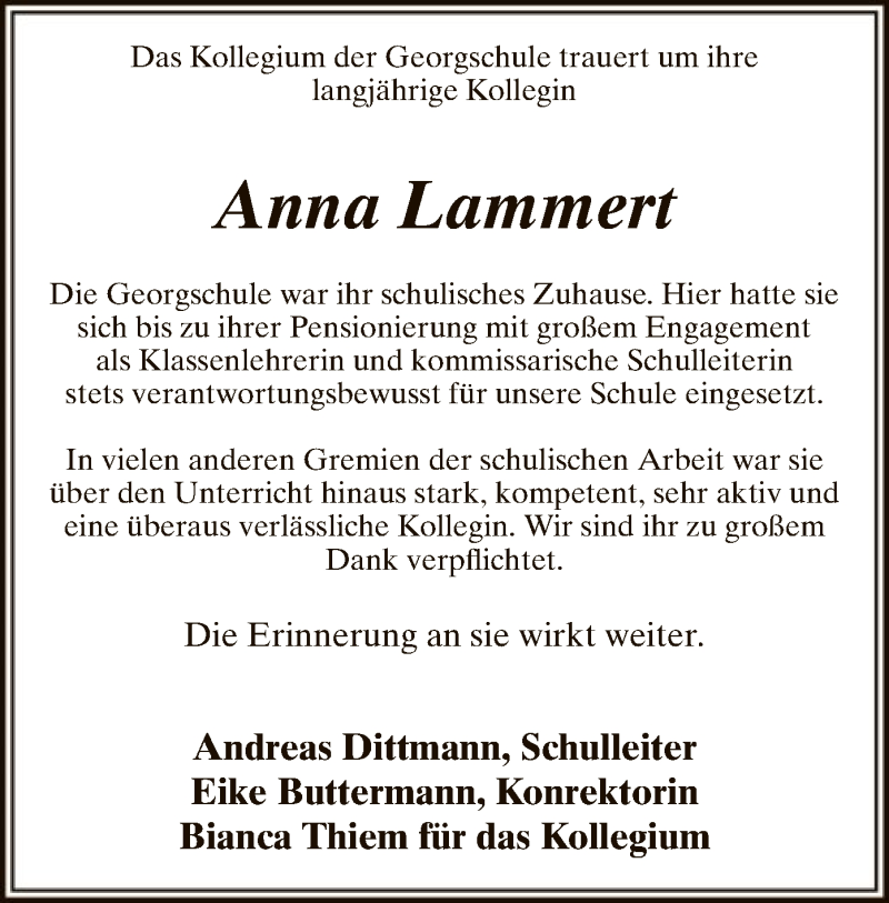  Traueranzeige für Anna Lammert vom 09.09.2017 aus MZV
