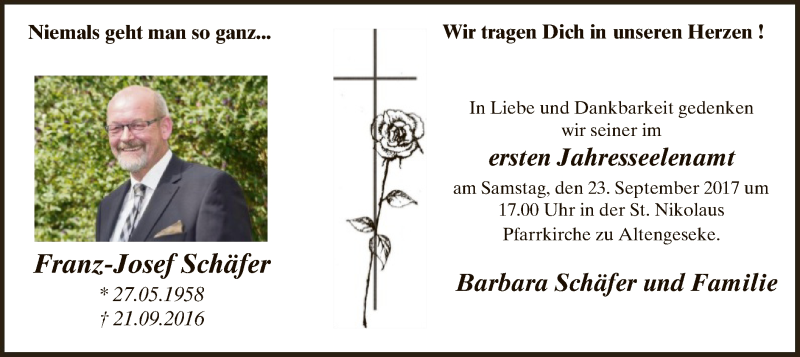  Traueranzeige für Franz-Josef Schäfer vom 15.09.2017 aus MZV