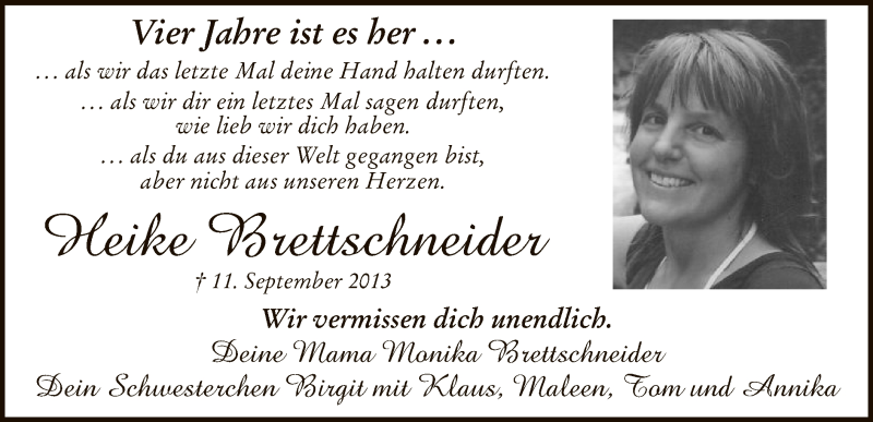  Traueranzeige für Heike Brettschneider vom 11.09.2017 aus MZV