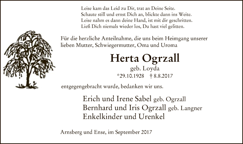  Traueranzeige für Herta Ogrzall vom 23.09.2017 aus MZV