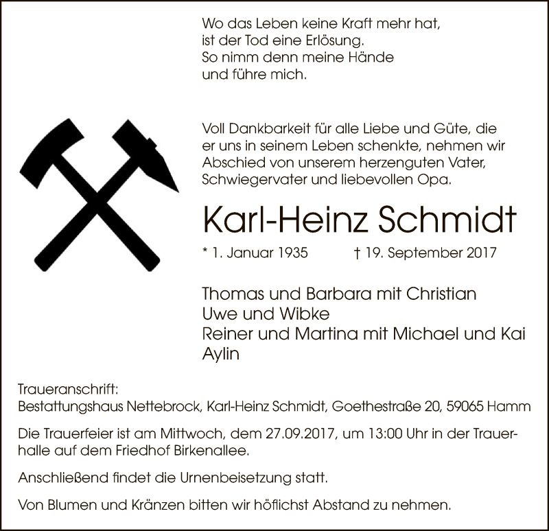  Traueranzeige für Karl-Heinz Schmidt vom 23.09.2017 aus MZV