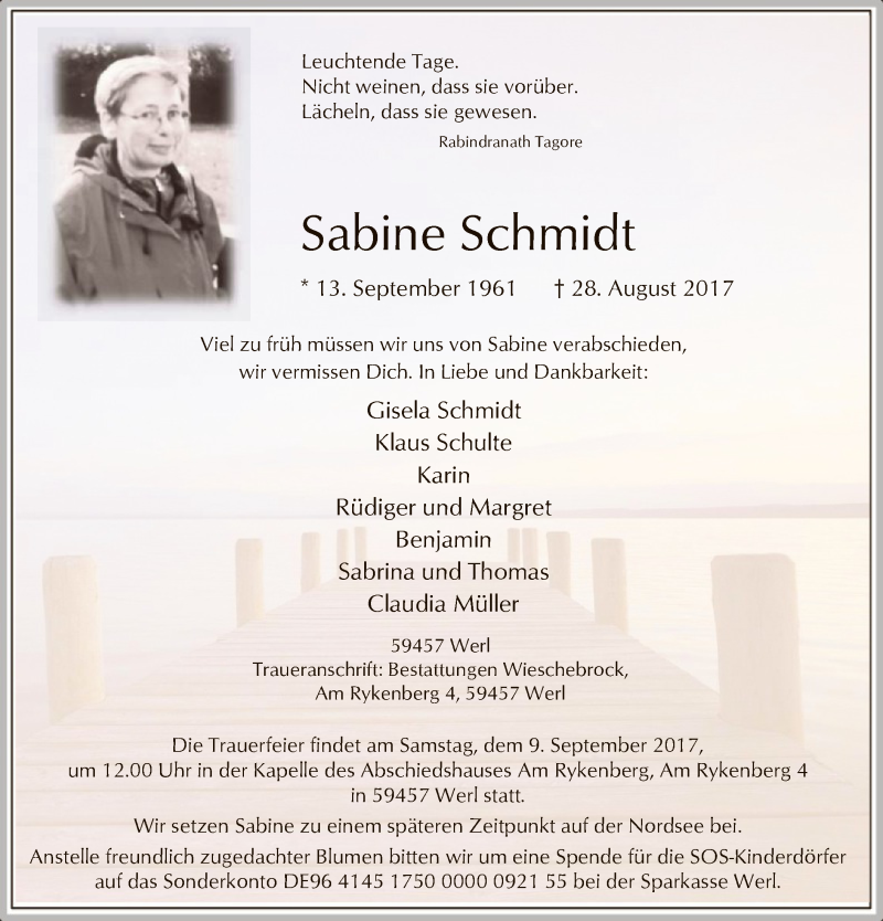  Traueranzeige für Sabine Schmidt vom 04.09.2017 aus MZV
